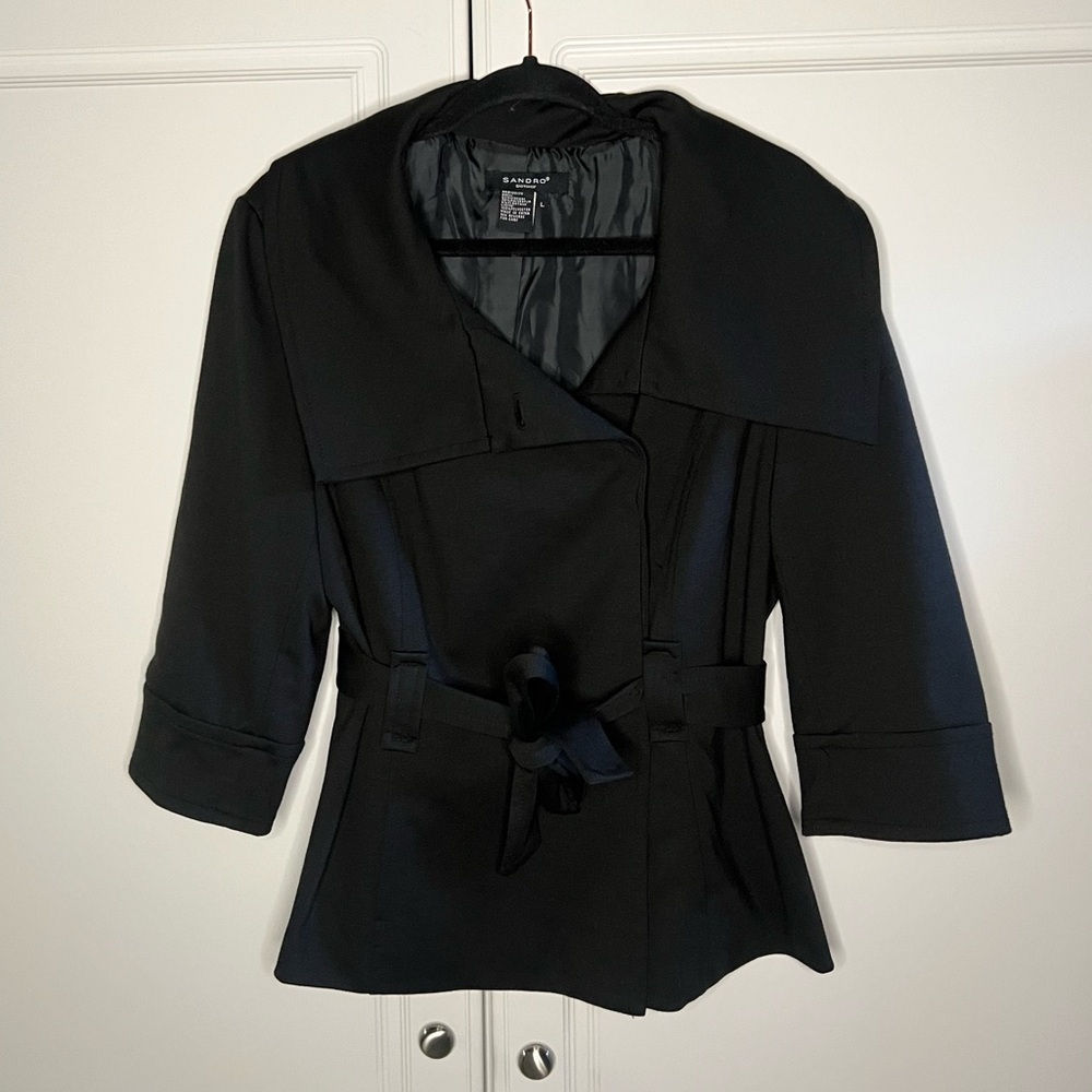Sandro Tailored Jacket Black Belted Trench - Picture 3 of 11